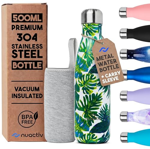 Nuactiv Stainless Steel Water Bottle 500ml, Vacuum Insulated Metal Flask, Leakproof, BPA Free, Reusable Sports Flask, Keeps Drinks Cold 24h & Hot 12h, for Gym, Travel, Work & School