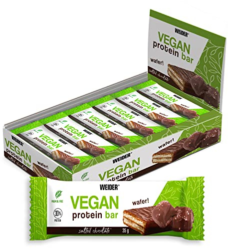 Weider Vegan Protein Bar (12x35g) Goût Chocolat à la Pointe de Sel. Délicieuse Barre Gaufrette 30% Protéines de Pois et Riz, 100% Vegan, Croustillante et Enrobée de Chocolat Noir, Sans Huile de Palme