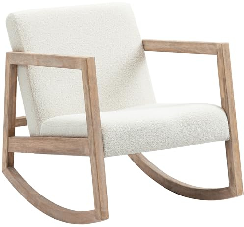 HOMCOM Fauteuil à Bascule Fauteuil Allaitement Rocking Chair en Tissu Effet Laine bouclée avec Pieds en Bois Massif d'hévéa, Chaise à Bascule pour Chambre, Salon - 60 x 81 x 71 cm Blanc crème