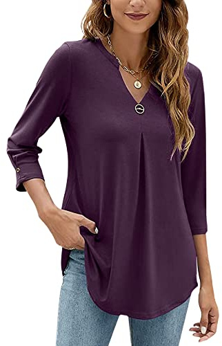 HANERDUN Blusas Mujer Elegantes Camiseta de Manga 3/4 con Cuello en V Verano Top Túnica