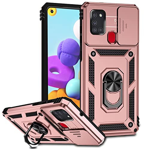 Jeelar ESONG Handyhülle für Samsung Galaxy A21s Ständer Hülle,[360 Grad Metall Ring Drehung Halter][Kameraschutz ],Militär Handy Stoßfeste Handytasche Case Outdoor Schutzhülle Cover,Rosegold