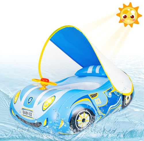 Olycism Salvagente Neonato con Parasole UPF50+ e Volante Gonfiabile Piscina Salvagente per Bambini con Kit di Patch Gonfiabile Salvagente Neonatoper Bambini 1-4 anni Blu