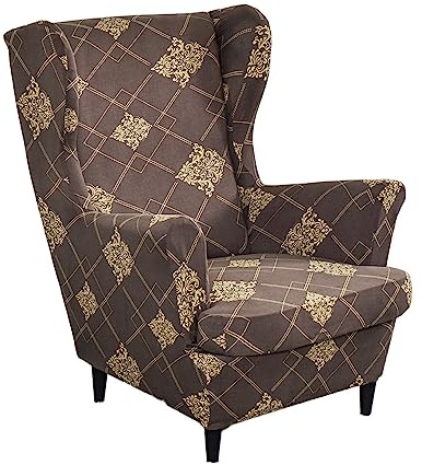 Hiseng Wingback Chair Covers 2 Piece, Wing Chair Slipcover Stretch Slipcovers for Wing Armchair Cover with Elastic Bottom, Furniture Protector for Living Room Bedroom (Brown Baroque)