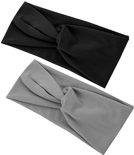 Sibba Headbands Head Bands 2 PCS Non Slip Knotted Boho Hairband Elastic Wraps Wide Stretchy Fabric Cloth Headwear Workout Styling Soft Headpiece 90s Curly Halloween Hair Accessories Women Girls