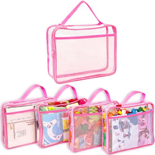 Toy Zippered Blocks Set Storage Bags for boy girls - 4PC Large PVC Storage Organizer Bags with Mesh Side Pockets for Puzzle, Clay, Book, Small Models and Mini Plush Toys. L: 9”x3”x11.8”