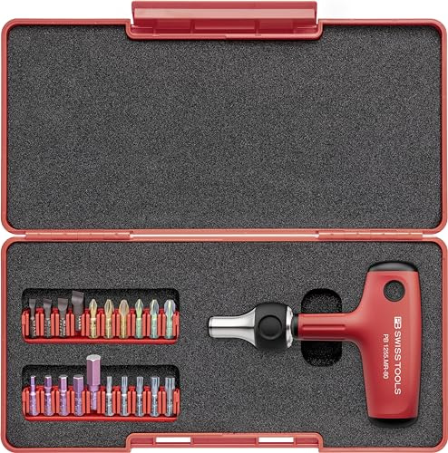 PB Swiss Tools Quergriff Ratschenschraubendreher mit 20 Bits PB 1255.MR-80 | 100% Swiss Made | T-Griff Schraubendreher mit magnetischer Bitaufnahme für Schraubarbeiten in Industrie und Handwerk