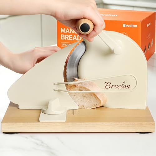 Brvclon Manual Bread Slicer Adjustable Thickness, Hand Crank Bread Slicer for Homemade Sourdough Bread with Scale Line & Suction Cup & Metal Guide,Quality Solid Wood Base & Gift-Level Packaging