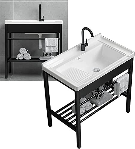 Freestanding Ceramic Laundry Utility Sink with Washboard Set - Home Kitchen Sink with Stainless Steel Legs Stand, Drain Kit, and Black Storage Shelf