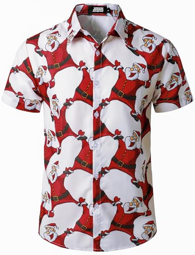 JOGAL Chemise de Noël Funky à Manches Courtes pour Homme - Hawaïenne Boutonnée - Imprimé Père Noël Blanc - Chemise de Loisirs, XL