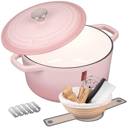 VORRINGARD Enameled Cast Iron Dutch Oven Pot with Lid, for Bread Baking, Round Bread Oven- include Sourdough Bread Baking Supplies set, 4.5QT, Pink