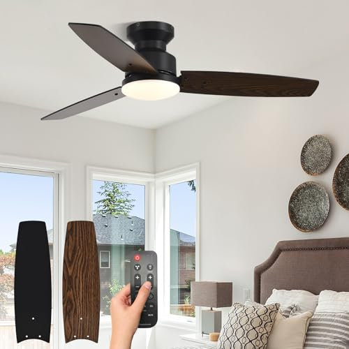Modern 42 Inch Ceiling Fans with Lights and Remote, Bedroom Living Room Office, Flush Mount, 18W 6CCT Dimmable, Dual Color 3 Blades 6 Speed Reversible Quiet DC Motor, Black/Wood Grain