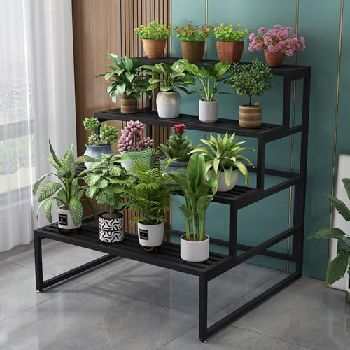 Espositore per piante a 4 ripiani in metallo, per casa, giardino, balcone, vaso da fiori, scala nera (80 cm)