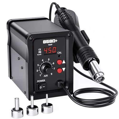 Estación de Soldadura de Aire Caliente de 700W，858D Estación de Retrabajo con Pantalla LED, 3 Boquillas, 100-450°C Temperatura Ajustable SMD Desoldering Dtation for DIY, Rework, Repair (EU plug)