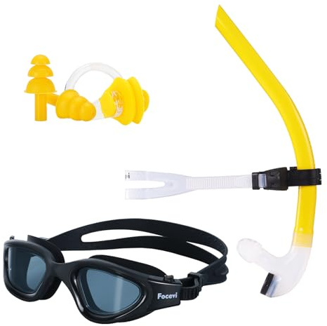 Swim Snorkel for Lap Swimming Set,Includes Snorkel, Goggles, Nose Clips and earplugs, Front Swimming Snorkeling Training for Adult/Youth,Swimmer Snorkle Center Mount Snorkle Tube