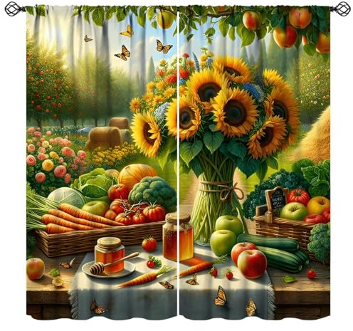 JanJCurt Farmhouse Fruit Garden Curtains, Rustic Vintage Sunflowers Apple Trees Fresh Vegetable Honey Window Curtains for Kitchen Cafe Bedroom, 42x45in (No Blackout)