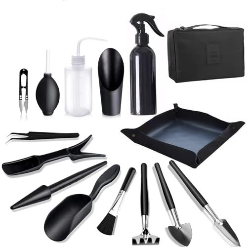 BEJAGWUS Kit Attrezzi Giardinaggio per Bonsai per La Cura di Piante in Miniatura in Interni,Kit di Strumenti 14 Pezzi con Borsa,Set di Attrezzi da Giardino (Nero)