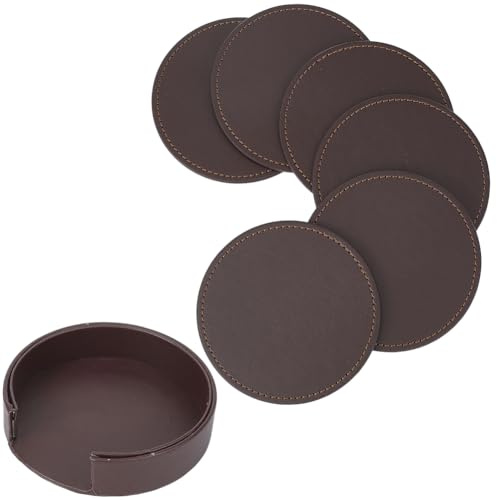 CALFOVERA 6 sottobicchiere in Pelle PU per La Protezione del Tavolo Portabicchieri Rotondi da 10cm Tovagliette in Pelle Marrone Fatte A Mano Cuscinetti Isolanti Termici Antiscivolo con Base