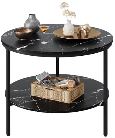WLIVE Couchtisch Rund, Wohnzimmertisch Holz mit 2 Ebenen, Sofatisch mit viel Stauraum, für Wohnzimmer, Schlafzimmer, Modern Design, Marmor Schwarz