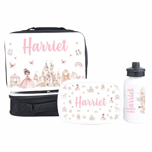 Crwban® - Personalised Fairy Mermaid Princess Insulated Lunch Bag, Snack Box and Water Bottle Set for Kids - Choice of Designs and Items Custom Name Children's Back to School Lunch Set (Princess)
