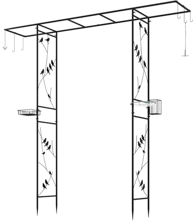 COSTWAY Rosenbåge med fågelfoderstation, trädgårdsbåge metall, 213 cm, bågbåge med vattenskål, bricka och hängset, metallbåge för vilda fåglar och klätterväxter, rosengaller trädgård (svart)