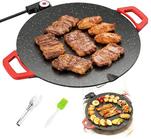 Non-Stick Electric Indoor Grill Pan,Large Round Electric Griddle & Smokeless Korean BBQ Grill Indoor - Fast Heating Comal Electrico,Portable Mini Grill for Burgers,Pancakes,Skillets on Stove Top