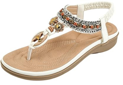 Nuoke sandalias,sandalias planas, planas con tiras en T y cuentas para, con piedras preciosas de colores y elástico Sandalia Punta Cerrada (White, 35)