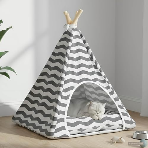 QUAHEAS Tipi per animali domestici con cuscino, bianco e grigio, 50 x 50 x 60 cm, in poliestere, con cuscino lavabile, accogliente posto per dormire per gatti e cani, tenda stabile con legno di pino