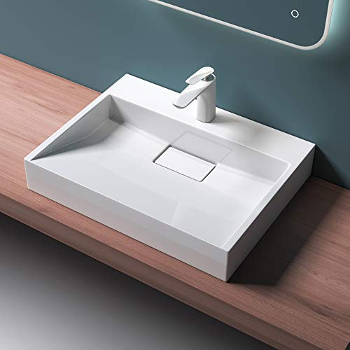 Mai & Mai Lavabo sobre Encimera Lavabo Suspendido Baño | Rectangular | Blanco Brillante | Mármol Fundido | 60x38x11cm | 1 Orificio para Grifo con Válvula de Desagüe | Colossum19