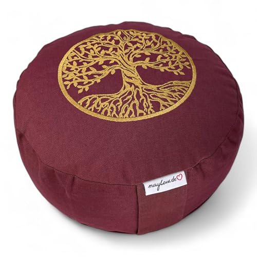 Maylow, Yoga mit Herz, cuscino da yoga, per meditazione, con ricamato l'albero della vita, 33 x 15 cm, con imbottitura in farro, rivestimento esterno e fodera interna in 100% cotone, prugna, 15