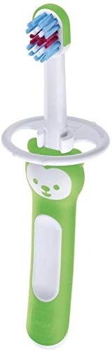 MAM Baby's Brush Zahnbürste für Neugeborene, mit Sicherheitsring, kleiner Kopf und kurzem Griff, für Milchzähne, 6+ Monate, Neutral