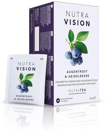 Nutra Tea NUTRAVISION, Augentrost Tee hilft die optimale Sehkraft aufrechtzuerhalten, wirkt lindernd bei gereizten und müden Augen Tee, 60 wiederverwendbare Teebeutel, Kräutertee mit Grüner Tee & Kiwi