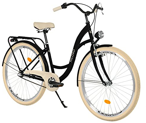 MILORD. Vélo Confort Noir et crème à 3 Vitesse de 28 Pouces avec Porte-Bagages arrière, vélo néerlandais, vélo pour Femme, vélo de Ville, rétro, Vintage