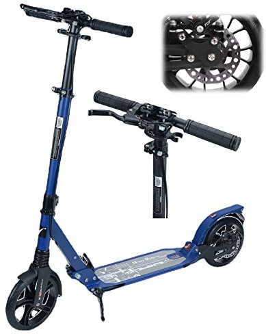 Bueuwe Big Wheel Scooter City Roller Kinder 8 Jahre, Tretroller Erwachsene 150 kg, Klappbar Cityroller mit Scheibenbremsen, Höhenverstellbar Kickboard, Schwingungsdämpfung,Blau