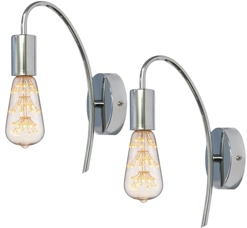 Lampada da Parete Interna Vintage 2 Pezzi Applique Parete Curva Industriale Retrò Illuminazione da Parete Prese Lampada In Metallo con E27 per Bagno Camera da Letto Soggiorno Corridoio-Argento
