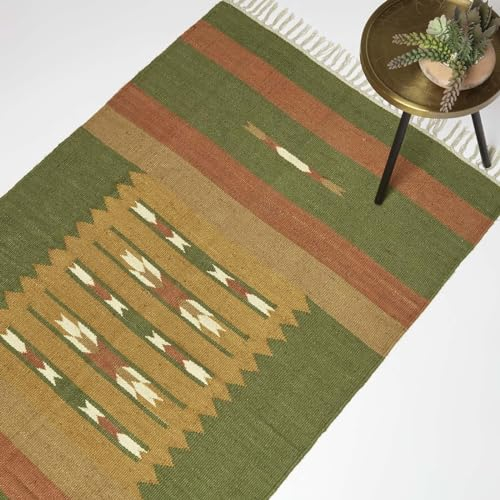 Homescapes Lundi Green Teppich Jute Baumwolle orange-grün 90x150 cm, Fransen-Teppich handgewebt, Kelim Teppich geometrisch
