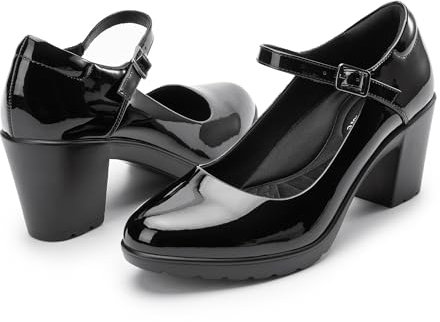 Cusolemore Closed Toe Mary Jane Pumps with Arch Support, Platform Chunky Heels for Women, Comfortable Block Heel Dress Shoes Black Patent Size 9