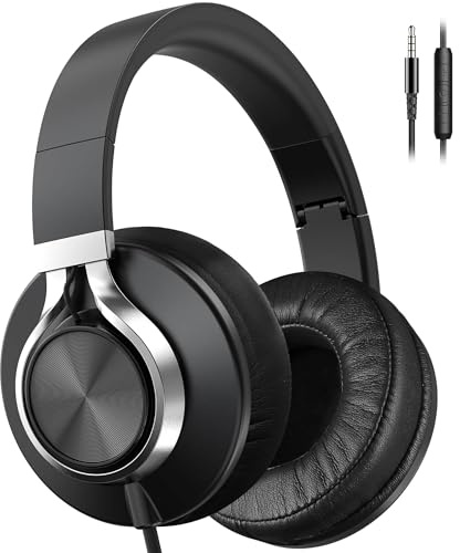 Ailihen Cuffie cablate con microfono e controllo del volume, cuffie stereo sovrauricolari pieghevoli con cavo, per adolescenti e adulti, 3,5 mm, per computer, Chromebook, tablet (nero)