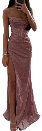 shownicer Robe de Soirée Cocktail Femme Élégante Col V à Paillettes Robe Longue Sexy Slim Robe Fendues à Sequins Mode Maxi Dress C Rose M
