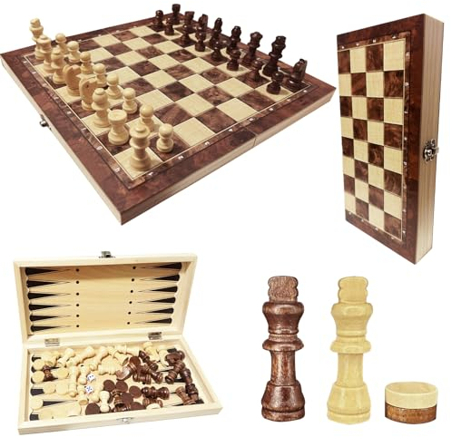 Schachspiel aus Holz,3 in 1 Schachbrett Holz Hochwertig Schach Dame Backgammon, Tragbares und Faltbares Chess Board Set, Faltbares Schach Brett Set für Kinder Erwachsene Party Reisen