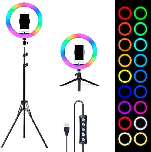 Aro de luz de 26cm de diámetro Led de 9 Colores con Soporte Ajustable Trípode más Anillo de luz RGB, Fotografía, Equipos de Estudio, Anillo de Iluminación, Vídeo (RGB + Tripode + Mini Tripode)