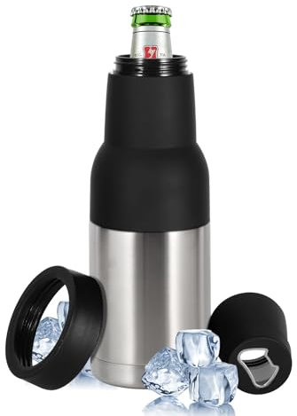 Hgkeke 12oz Universal Beer Bottle Holder Double Walled SS Beer Bottle Cooler 3 in 1 Can Koozie with Beer Opener Vacuum Insulated - fit Fishing,Camping Outdoor Activities and Nice Gift for Men(Silver)