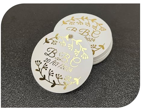 Etiquetas Personalizadas con Nombre y Fecha. Etiquetas Colgantes con estampado ORO, PLATA para Invitacion Boda, Bautizo, Compromiso, Comunion, Cumpleaños, Fiesta, Recuerdo, Sellos