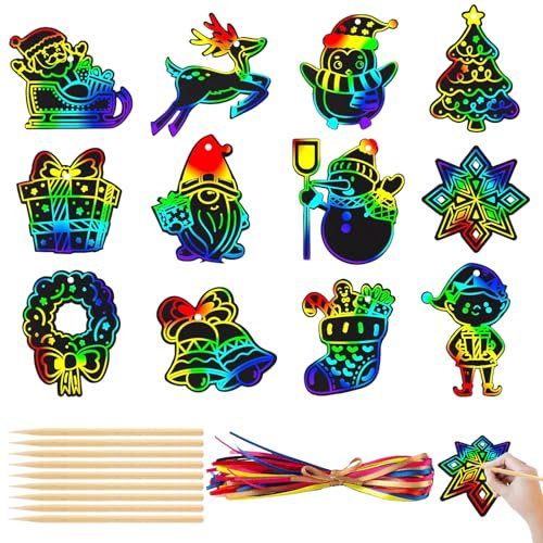 Scratch Art Natale, 48pcs Scratch Art Bambini, Carta Arcobaleno da Grattare, Graffiare l'Arte, 48 Nastri e 24 Bastoncini di Bambù, Accessori per Feste di Natale da Appendere all'Albero di Natale