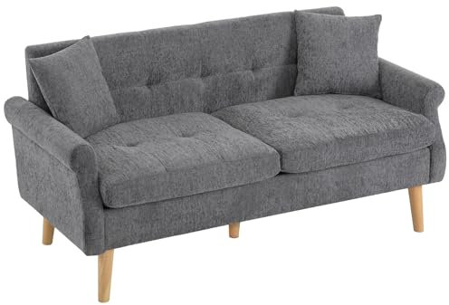 SEEDWAVE Chenille Sofa 2 Sitzer - 15cm dicken Sitzkissen mit Taschenfederkern, Massivholzbeine (74x141x77 cm, Grau)
