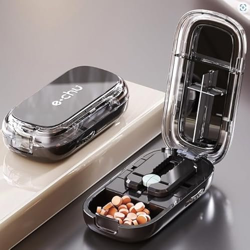 Vasmeiy Taglia Pillole, Taglia pillole di precisione, Tagliapillole con scomparto portaoggetti, 1 diviso in 2, 1 diviso in 4, per viaggi Bambini e Animali Domestici, Uso quotidiano(Nero)