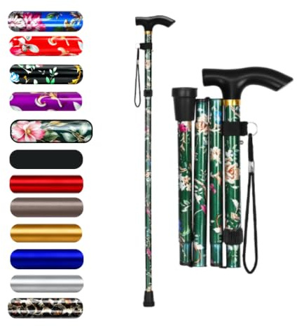 HATAF® Promenadstav, vikbara promenadkäppar för kvinnor, justerbara vikbara promenadkäppar för män, rörlighetshjälpmedel gummiändar (gröna blommor)