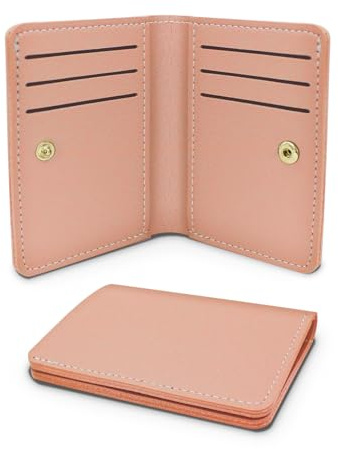 AfitLulu Ladies Purse Ultra-Thin Credit Card Holder Wallet Solid Color Women Wallets Womens Purse Simple Small Purses with Snap for 8 Credit Card Slots and 1 Banknote Slot (Pink)