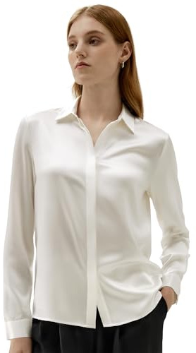 LilySilk - Camicia da donna in seta, elegante, con collo a camicia e bottoni nascosti, per il business, confezione riciclabile, bianco naturale, M