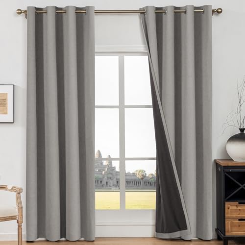 CYCMACO 100% Cortinas Opacas 2 Piezas, 140x180cm, Cortinas Falso Lino, Cortinas Termicas Aislantes Frio Y Calor, Cortina Antiruido con Trabillas Modernas, para Salon, Dormitorio, Gris