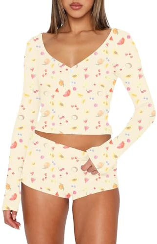 BONITEE Womens 2 Piece Pajamas Sets Cute Cropped Tops Sexy PJ Set 2026 Trendy Fall Shorts Long Sleeve Nightwear Outfits Yellow-Fruits,M